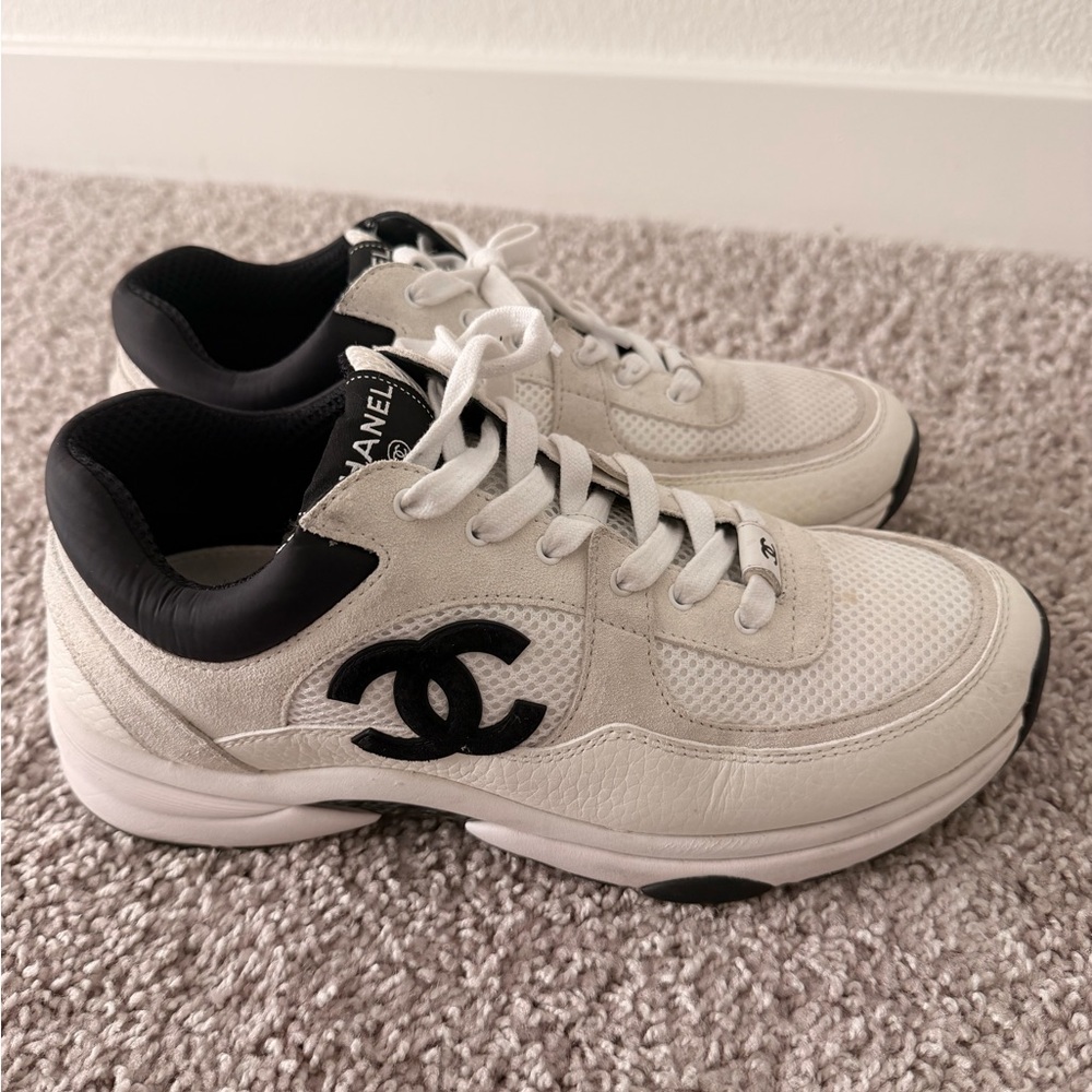 CHANEL White and Black Athletic Shoes